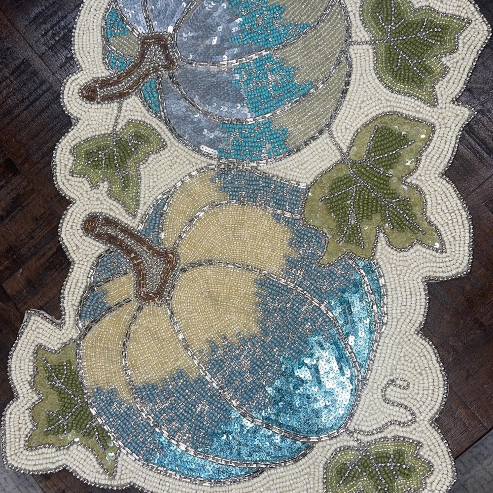 Rachel Zoe 13x36” Fall Autumn Thanksgiving Beaded Table Runner Ivory Teal Silver - Picture 4 of 6
